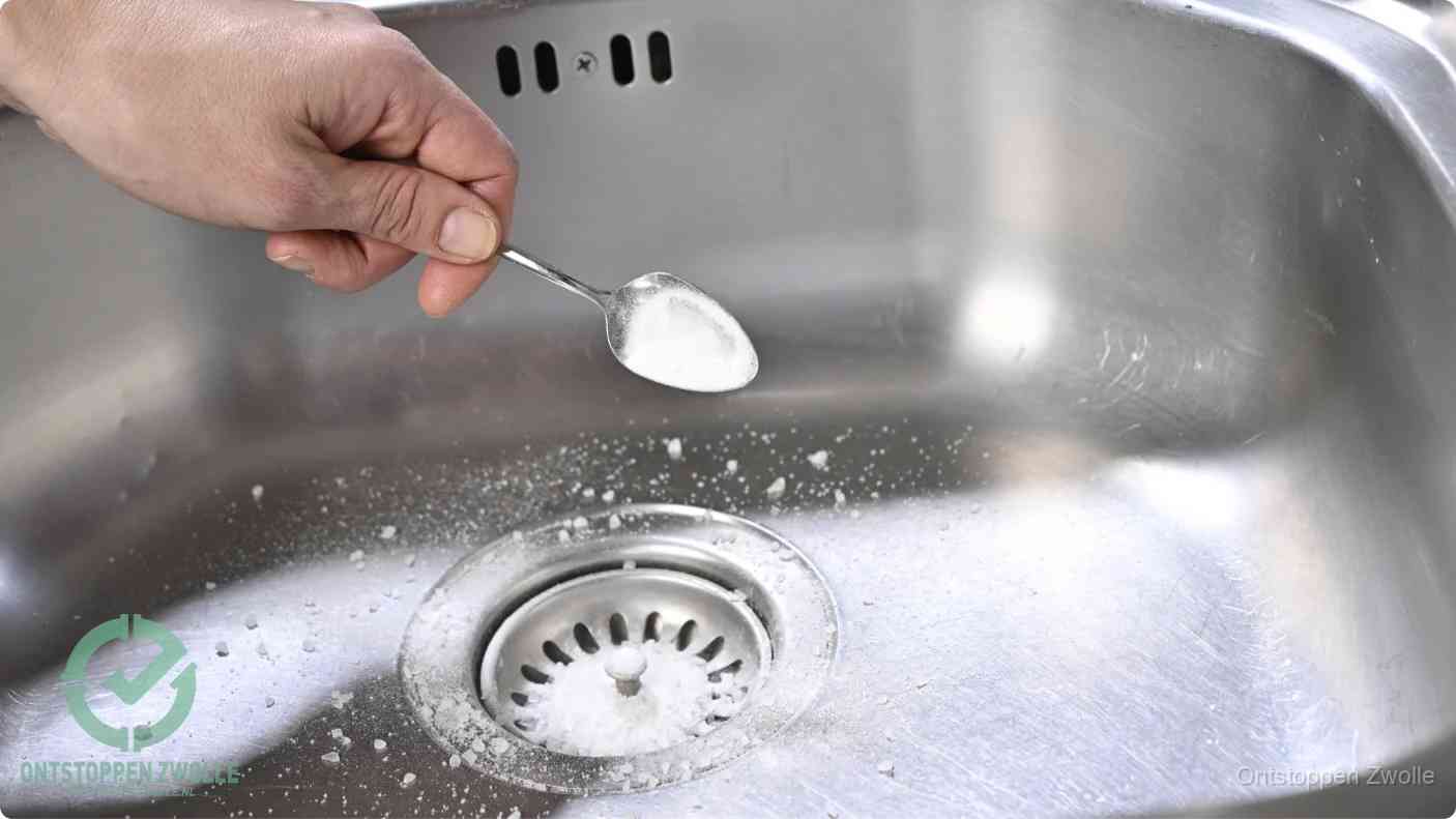 Een hand strooit met een lepel soda in de afvoer van een roestvrijstalen spoelbak, de soda en azijn huismiddel-methode om de afvoer te ontstoppen in Zwolle