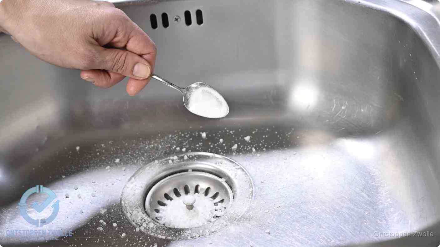 Een hand strooit met een lepel soda in een afvoerputje, de soda en azijn huismiddel-methode om de wc te ontstoppen in Zwolle